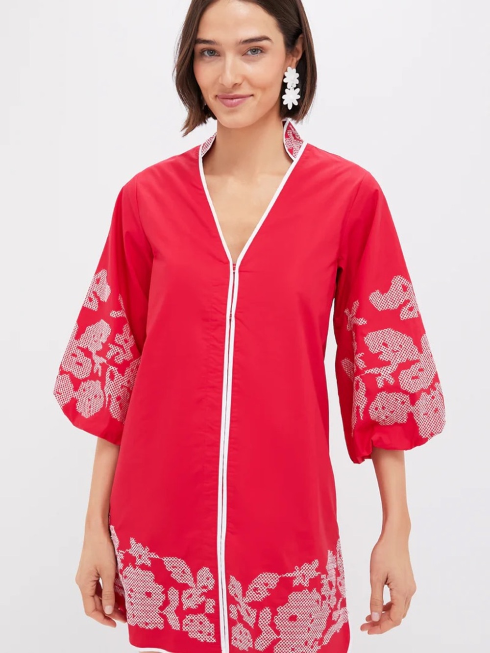 HYACINTH HOUSE Red & White Embroidery Mini Arem Caftan - Picture 3 of 12